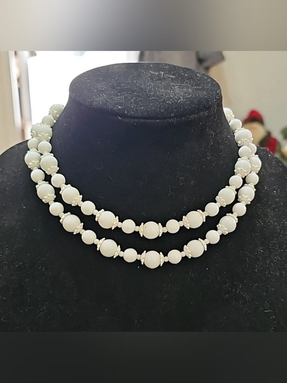 Vintage 1950s Miriam Haskell Double Strand Milk Glass Bead Necklace